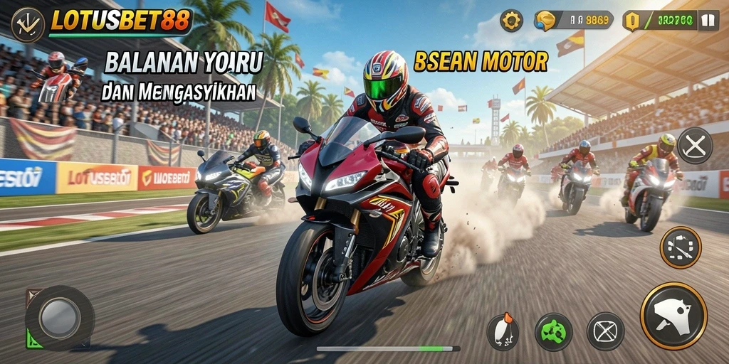 Screenshot LOTUSBET88 menampilkan momen seru dalam balapan motor.