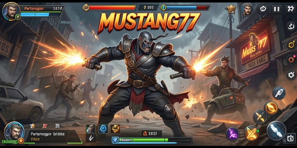 Tampilan pertarungan seru dalam MUSTANG77 dengan karakter unik.