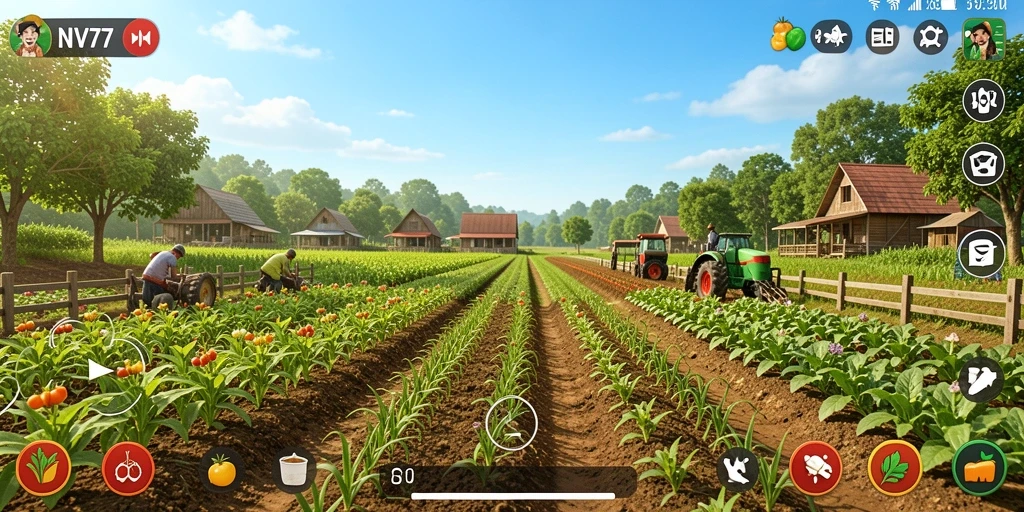 Screenshot gameplay NV77 menampilkan ladang dan hewan ternak yang indah.